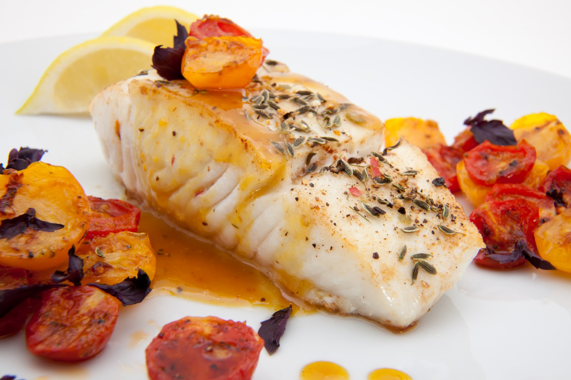 Roast Halibut with Tomatoes & Chorizo – Robert Irvine