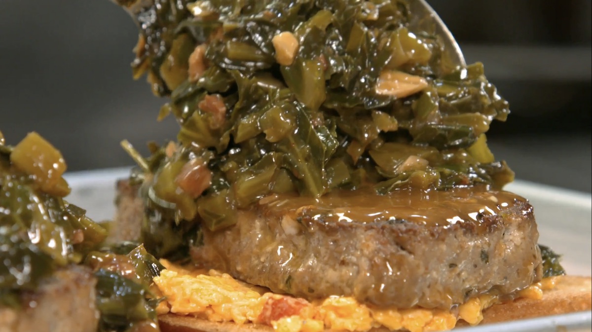 Open Faced Cajun Meat Loaf Sandwich with Collard Greens As Seen on